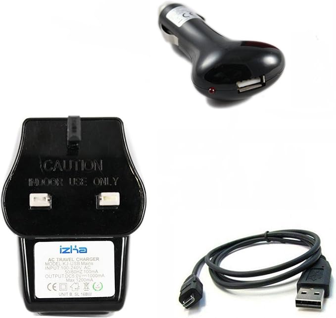 iZKA® Charger Pack Mains Adaptor / In Car Charger / Micro USB Data Sync Charge