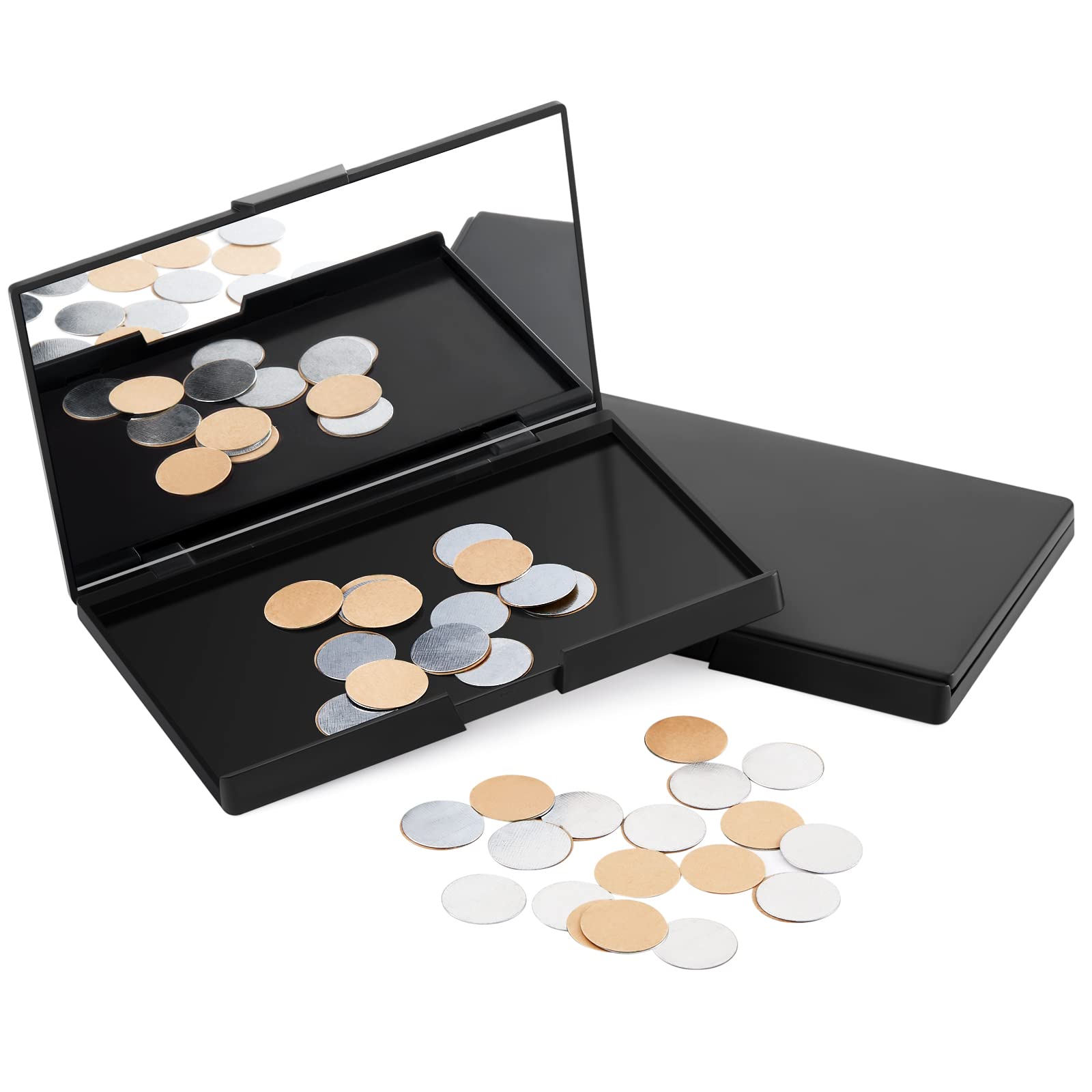 Photo 1 of 2 Pcs Makeup Plastic Magnetic Palette Magnetic Eyeshadow Empty Cream Blush Palette with Mirror and 30 Round Adhesive Metal Stickers for Eyeshadow Lipstick Blush Powder Foundation, Black