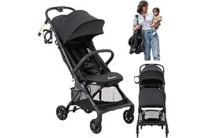 BabbleRoo Hoplite Compact Stroller – Lightweight Travel Stroller for Airplane (12.3 lbs), Newborn to 55 lbs, Easy Fold, PU Wheels, Alloy Frame, Near-Flat Recline, Raincover, Cup Holder, Baby Stroller