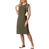 GRECERELLE 2026 Women Summer Round Neck Casual Loose Split Wrinkle-Free Midi Dress with Pockets (XS-3XL)