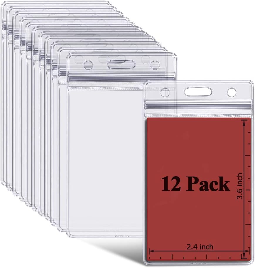 ID Badge Holder Vertical Name Tag Card Holders with Resealable Zip, Plastic, Waterproof, 12 Pack