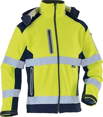 Softshelljacke, leuchtgelb / marine Warnschutzsoftshelljacke, abnehmbare Kapuze