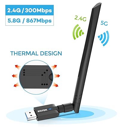 ROTEK WiFi Adapter, USB 3.0 WLAN Stick 1200Mbps, WLAN Adapter mit 5dBi Antenne für PC/Desktop/Laptop, WLAN Empfänger Dualband
