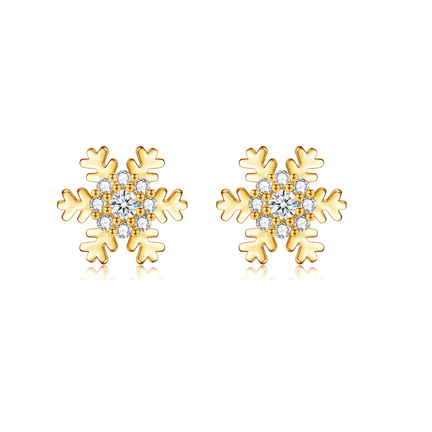 wynn's Silver Christmas Stud Earrings for Women, 925 Sterling Silver Gold Xmas Snowflake Stud Earrings, 10mm Small Sleeper Studs with AAAAA Cubic Zirconia, Gift for Christmas