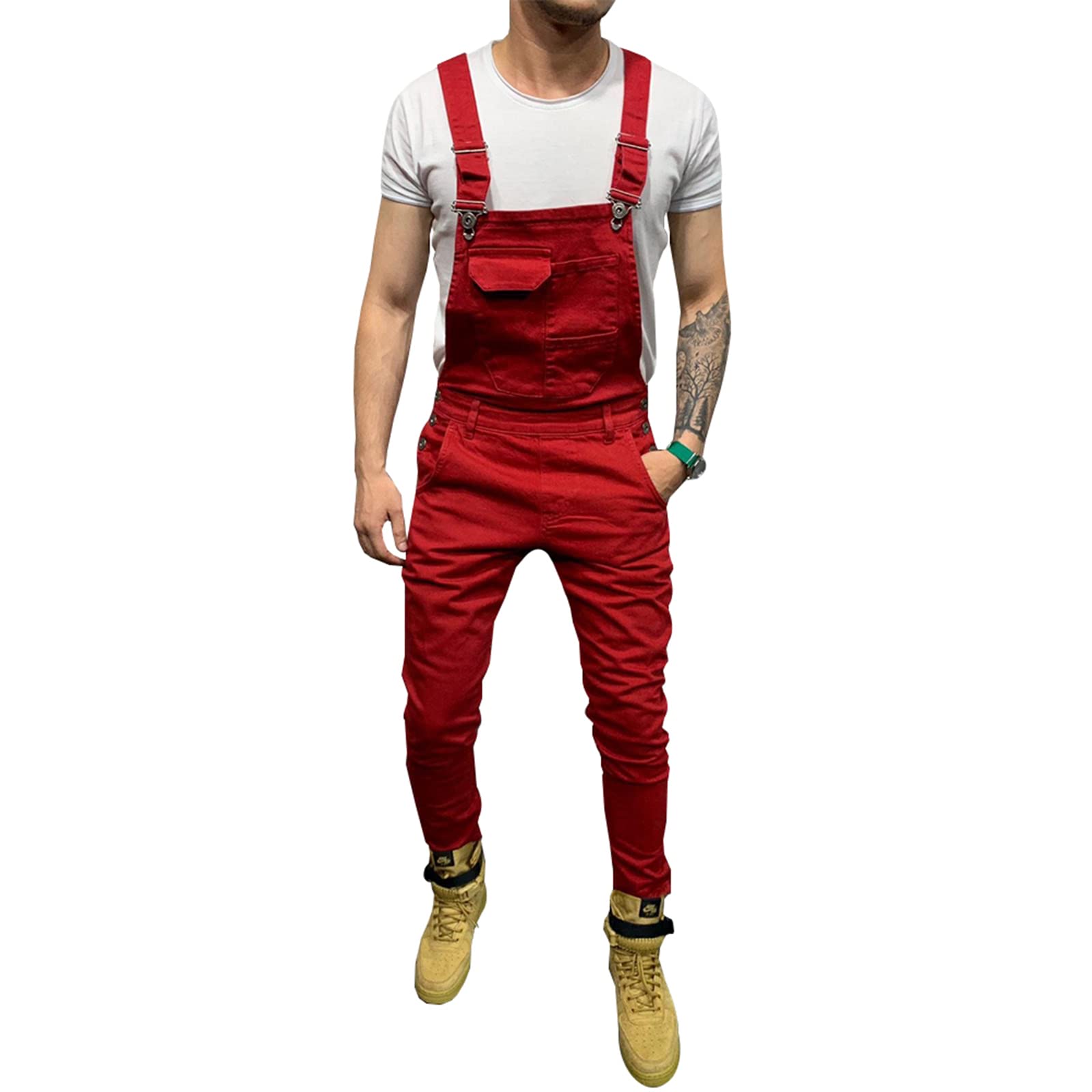 Photo 1 of LONGBIDA Men's Denim Bib Overalls Fashion Slim Fit Jumpsuit with Pockets(Red,XL)