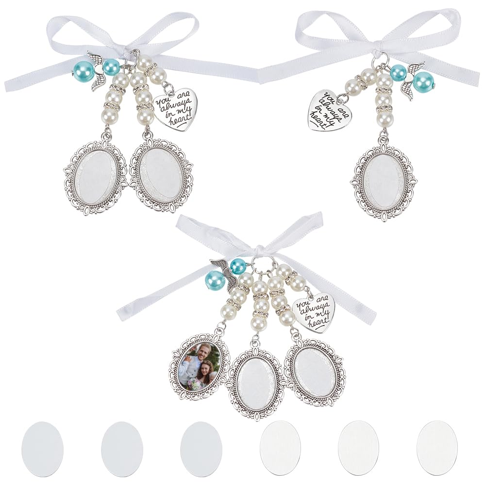 WEBEEDY 3 PCS Heat Sublimation Wedding Bouquet Photo Charms Hot Transfer Bridal Oval Charms Antique Silver Lace Charms Bouquet Picture Charms DIY Wedding Memorial Photo Charms for Memory Friend Gift