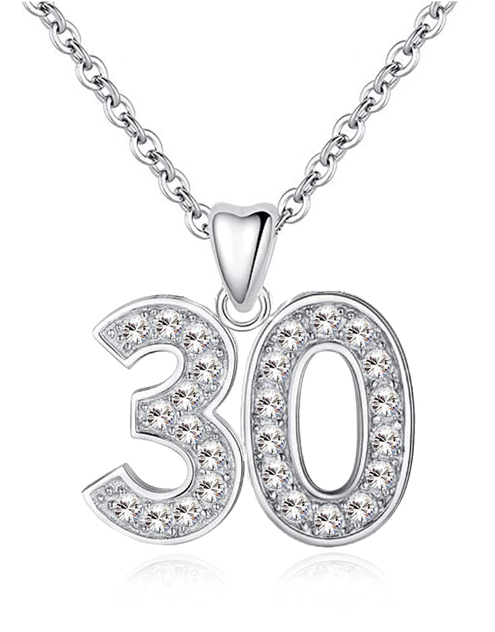 LSDesigns 30th Necklace Pendant & Chain 925 Sterling Silver Decorated with Sparkling Clear Crystals 30 Birthday Women Her Girls - Gift box