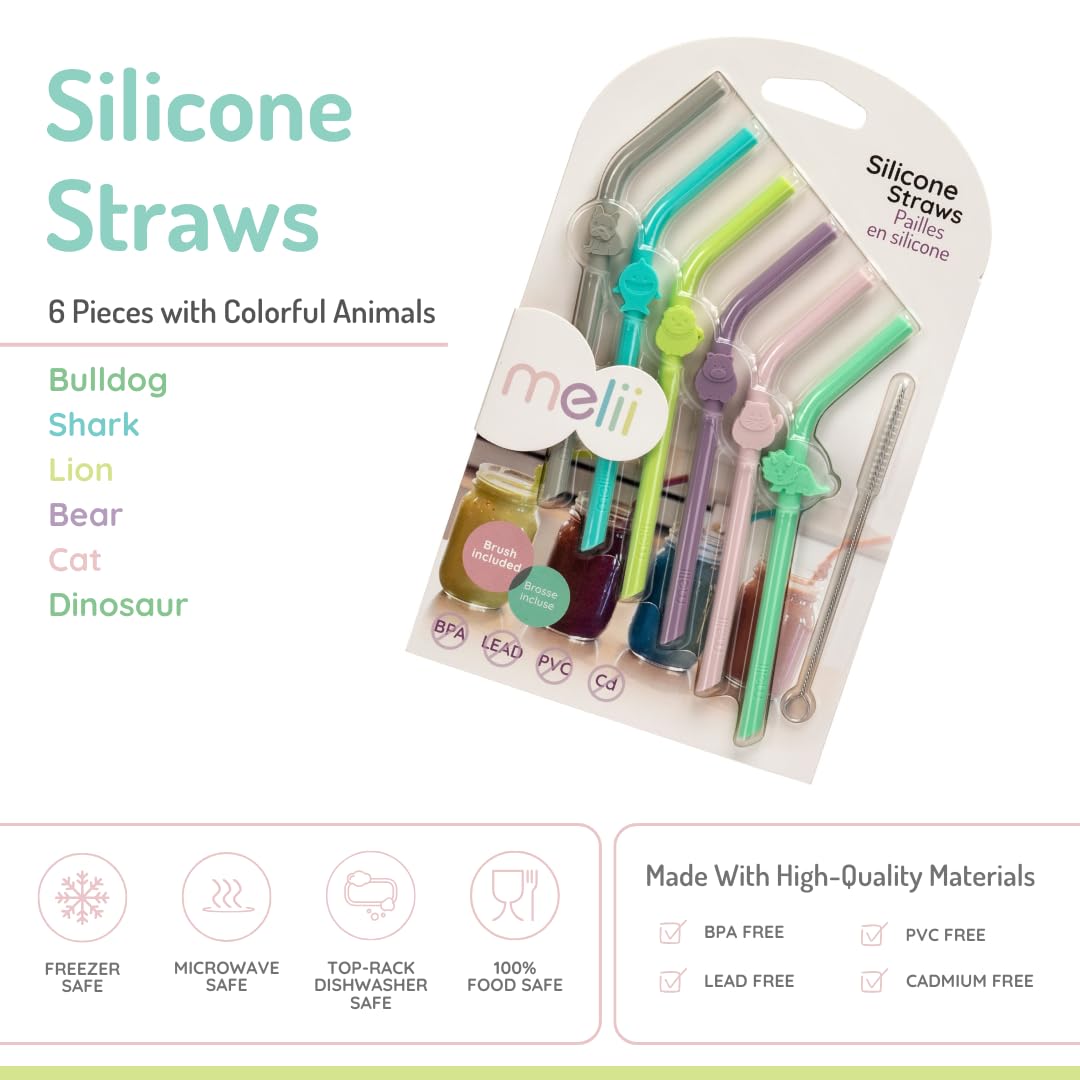 Reusable Silicone Animal Straws for Toddlers & Kids with Cleaning Brush – BPA Free, Dishwasher & Microwave Safe (6 Straws)