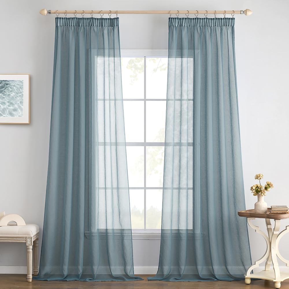 EMEMA Set of 2 Sheer Voile Curtains with Ruffle Tape, Transparent Voile, Polyester, Transparent, Living Room, Airy Decorative Curtain for Bedroom, 140 x 260 cm (W x H), Dusty Blue