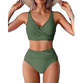 Fanuerg Women High Waisted Bikini Sets V Neck Cross Twist Front Two Piece Swimsuit Tummy Control Bathing Suit