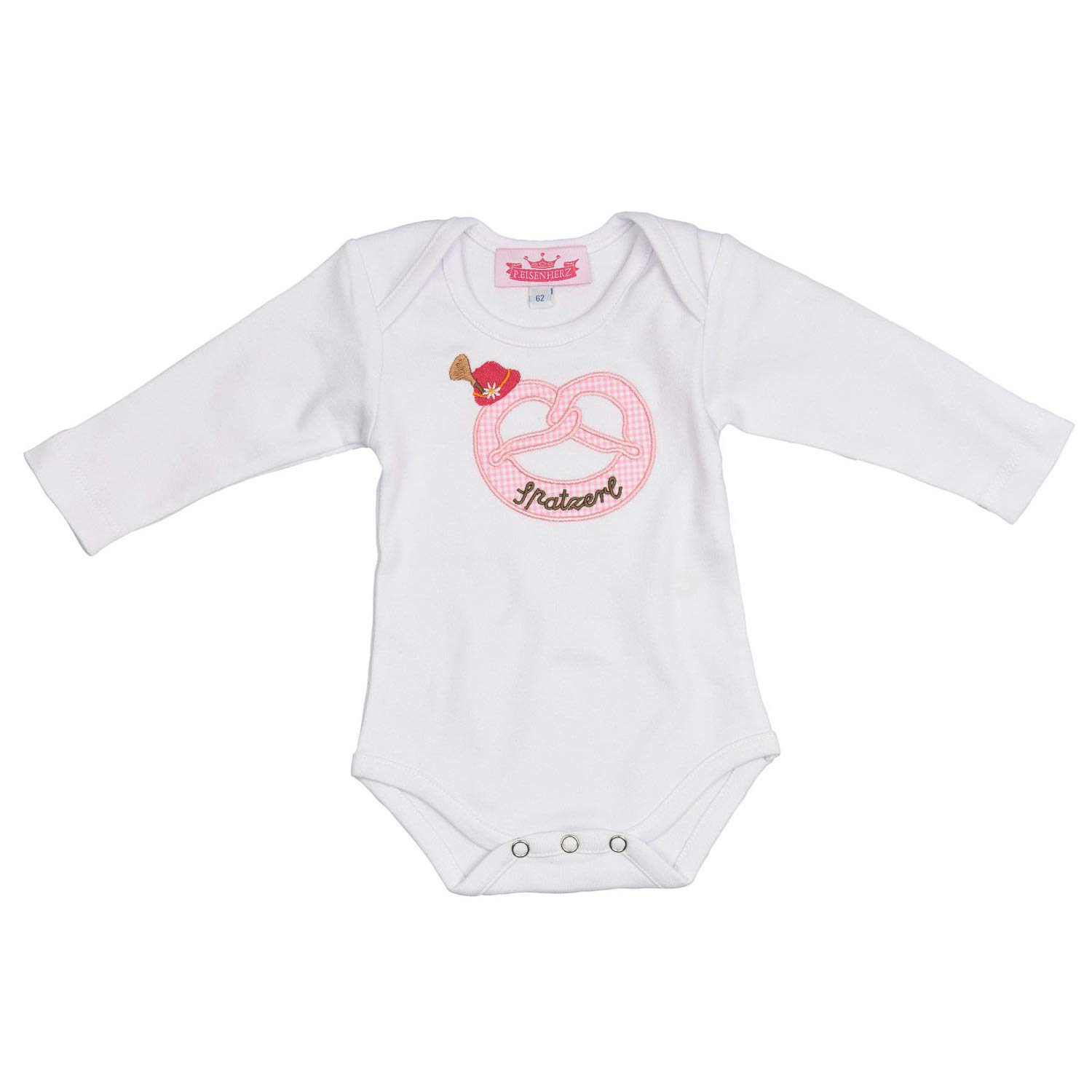 Long-Sleeved Baby Romper in Bavarian Traditional Costume Look Motive Pretzel with Embroidery Tyrolean Hat and Sparrow, 100% Cotton in Size 68 Pink