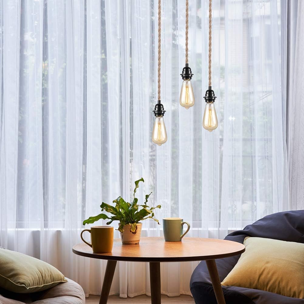 Pendant Light Kit with Switch - Easric Vintage Lamp Cord with 15FT Twisted Hemp Rope E26 Socket Plug in DIY Hanging Lighting Fixture for Farmhouse Home Loft - Bulb Not Included - - 