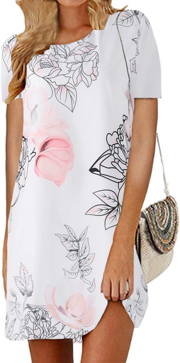 Womens Summer Floral Mini Dress Casual Loose T Shirt Dresses Boho Beach Holiday Dresses Long Tops