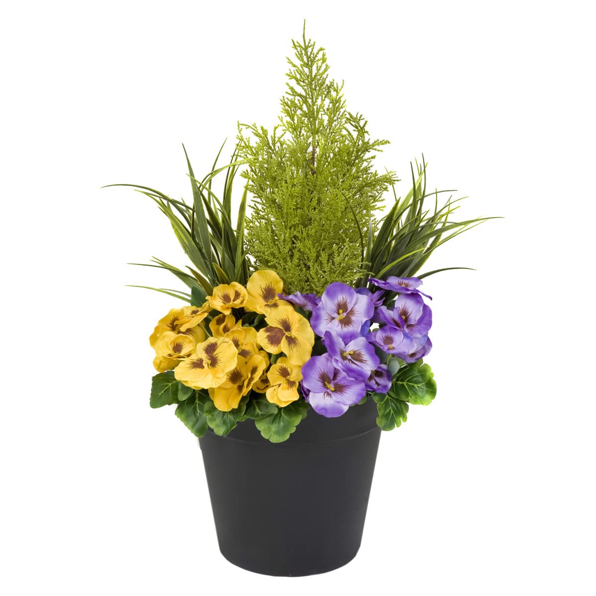 Artificial Purple and Yellow Faux Silk Pansies with Grasses/Conifer Topiary in a Black Pot Patio Planter Ideal for Home, Patio, Garden Outdoor Living 60cm/23.5in