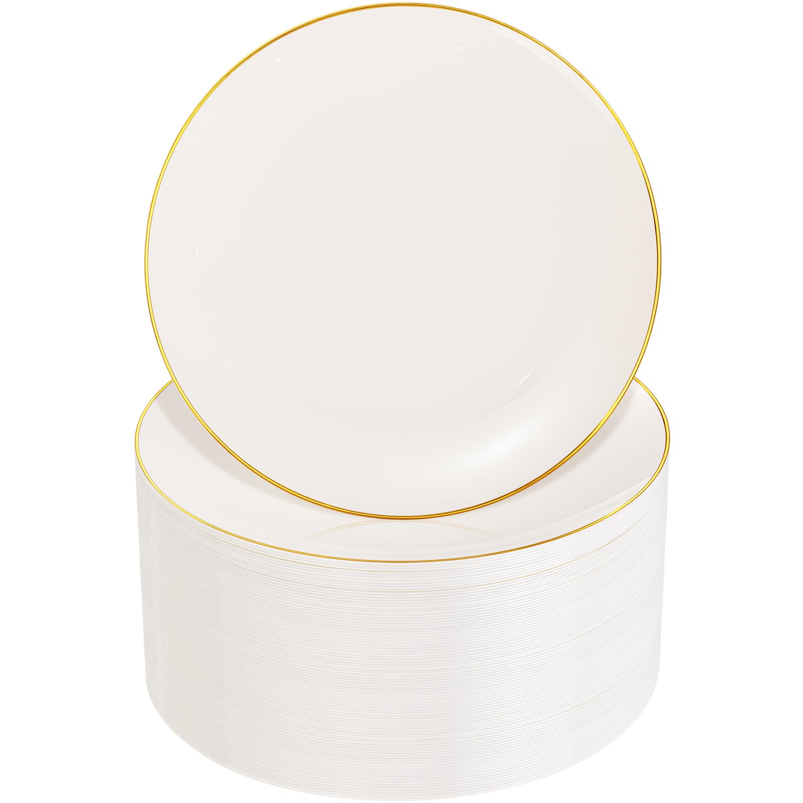 Photo 1 of Nervure 100Pcs Ivory and Gold Plastic Plates - 7.5inch Disposable Ivory Dessert/Salad Plates - Heavy Duty Plastic Plate Ideal for Wedding & Party