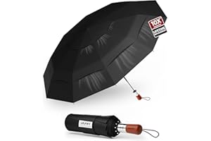 LFLFWY Umbrellas for Rain, 47" Large Windproof Travel Umbrella, Triple-Layer Vented Canopy, 10 Fiberglass Ribs, Auto Open Close Umbrella, Wooden Handle, Heavy Duty for Commute, Gifts for Men & Women