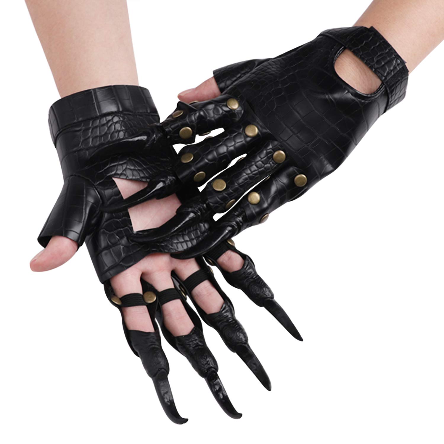 RUIXIA Unisex Halloween Claw Leather Gloves Cosplay Black Horrific Dinosaur Paw Gloves Dragon Festival Devil Ghost Witch Monster Nail Mittens for Women Men Halloween Costume Roleplay Props