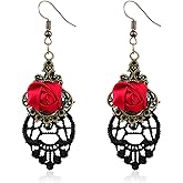 KVANU Unique Creative Punk Gothic Vintage Red Rose Flower Dangle Drop Earrings for Women Statement Halloween Party Jewelry Gifts