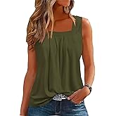 AIMITAG Color Block Ruffled Square Collar Tank Top Women Striped Tank Tee Summer Casual Loose Fit Sleeveless Shirt