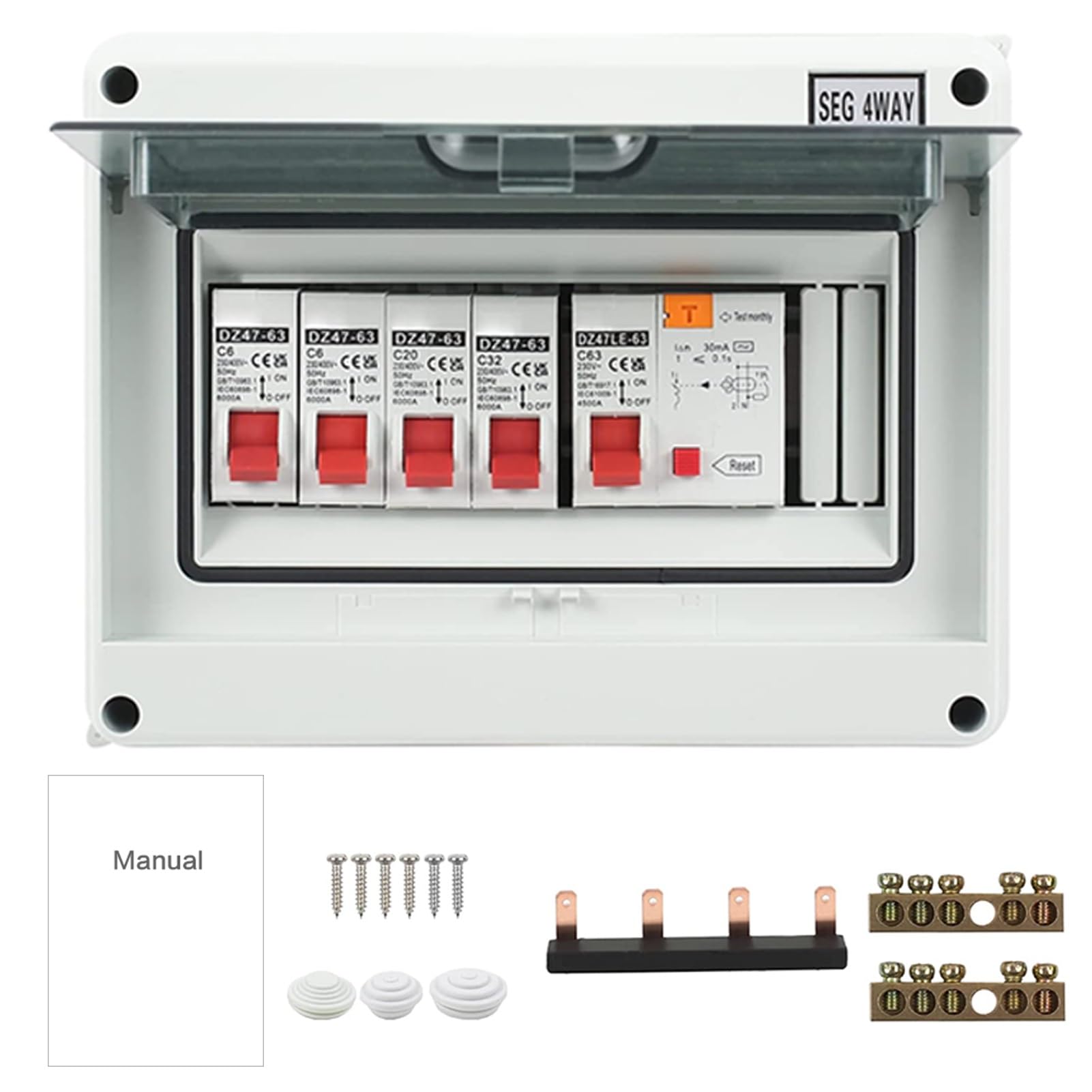 Consumer Unit 4 Way IP65 Circuit Breaker Fuse Box with Protective Plastic Shield for Outbuildings, Garages and Sheds, 63A, 30mA RCD, 2 x 6A, 20A and 32A MCBs