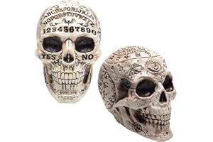 SCS DIRECT Halloween Zodiac & Spirit Board Skulls- 2 Pack, 7" x 6.5" Human Head Skeleton Sculpture-Indoor Home Fall Decor for Parties-Spooky Prop Decorations for Haunted Houses Realistic Gothic Bone Table Statue