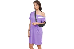 Fififlip Women's Post Shoulder Surgery Tear Away Dress Short Sleeve Full Open Side Snap Adaptive Clothing with Pockets