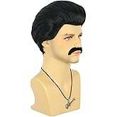 VGbeaty 70s 80s Mens Wig Black Short Wig with Mustache Rocker Singer Costume Wigs for Halloween Party Cosplay