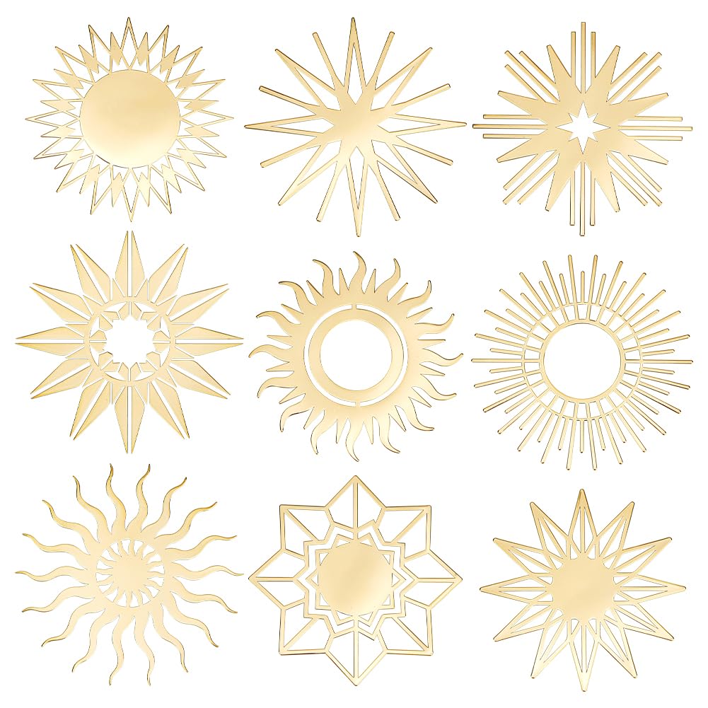 OLYCRAFT 9pcs 4x4cm Gold Metal Fantasy Stickers - Sun & Star Pattern - Glossy Finish - Indoor Use - DIY Scrapbook Stickers