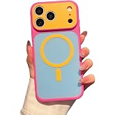CHEDEMK Magnetic for iPhone 17 Pro Case Cute Contrast Color, Orange Blue | Compatible with MagSafe, Cute Fashion Contrast Color Block Pattern Cover for Women, Shockproof Soft TPU Protective Phone Case