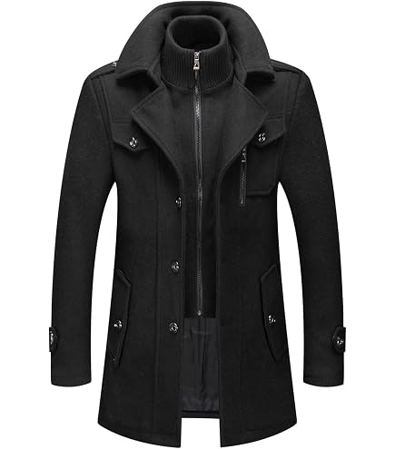 INVACHI Men's Wool Blend Coat Double Collar Trench Coat Single