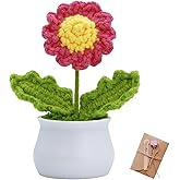ZHOYIMIMI Cute Knitting Crochet Daisies Flowers Potted Plant for Desk Decor, Mini Artificial Handmade red Daisies with Emotional Support Positive Card, Gift for Women, Birthday, Christmas, Party