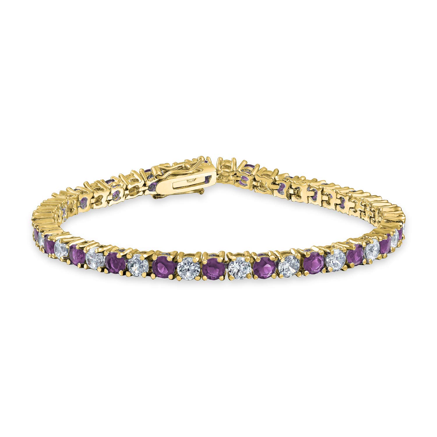 Bling Jewelry Purple White Alternating Simulated Amethyst Round Cubic Zirconia 12 CTW 4 Prong Basket Set Solitaire AAA CZ Tennis Bracelet For Women Prom Bride Gold Plated 7.5 Inch