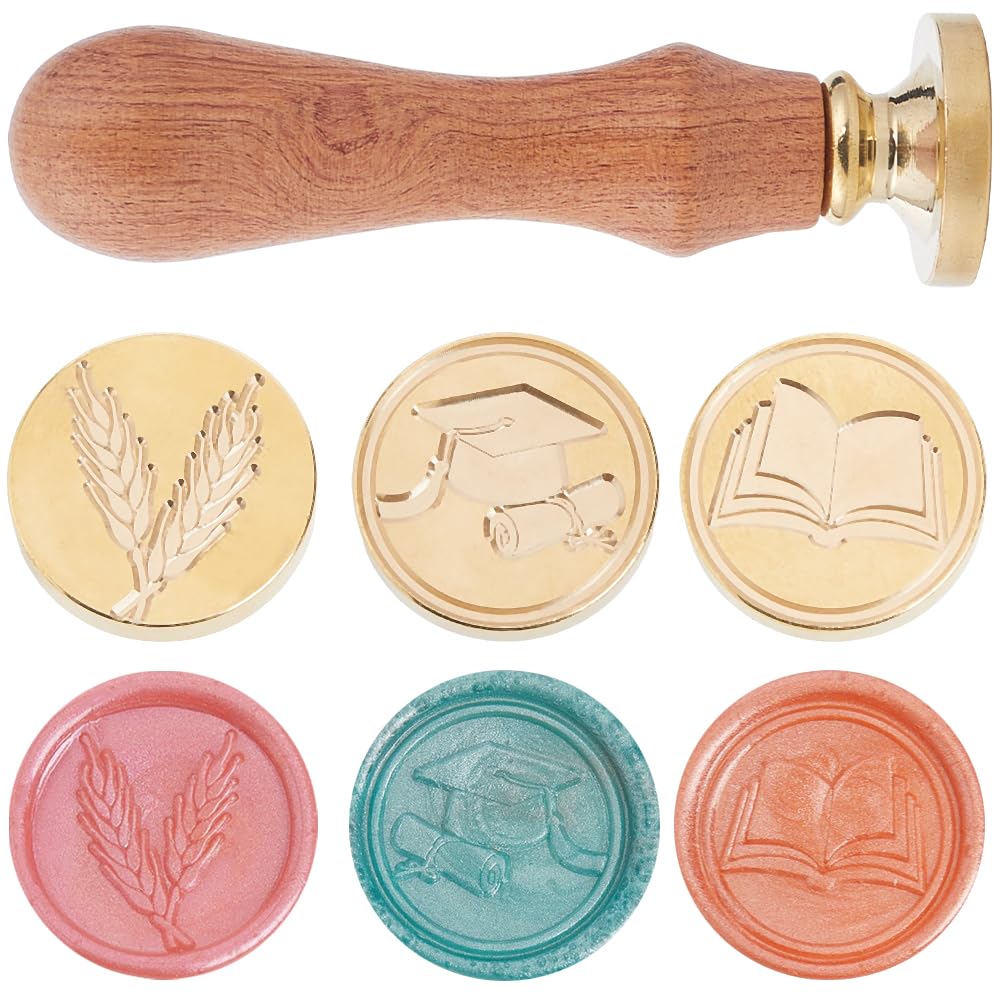 CRASPIRE 3 Styles Graduation Wax Seal Stamp Head Graduation Cap Books 25mm Removable Brass Head Set with 1Pcs Wooden Sealing Stamp Handle for Wedding Envelopes Invitations Gift Packing Wrap Decoration
