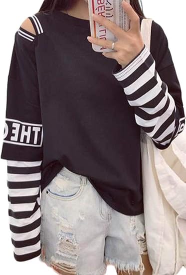 Amazon Shumingカットソー レディース ゆったり ロンｔ オフショルダー レイヤード系 ファッション ｔシャツ長袖 ボーダー柄 おしゃれ トップス 着痩せ 可愛い 春 Tシャツ カットソー 通販