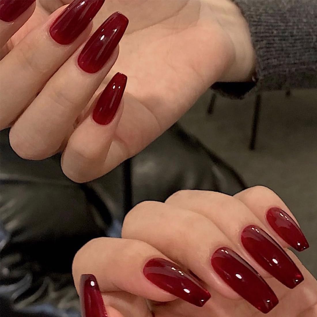 Caiguoer 24pcs Red Fake Nails Long False Nails Square Press on Nails for Women and Girls (A)