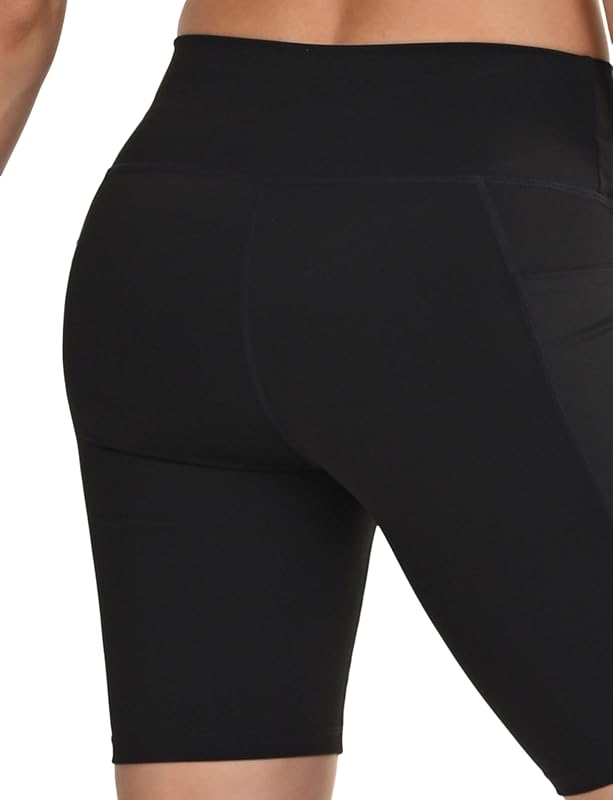 Mallas Cortas Mujer - Short Deportivo Mujer Cintura Alta y Control de Abdomen - 2 Bolsillos Laterales Abiertos - Mallas Cortas de Ciclismo Correr y Gym - Negro, XS