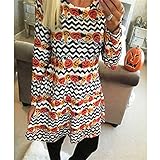 SOURBAN Womens Halloween Christmas Party Pumpkin Wave Printing Long Sleeve Dress