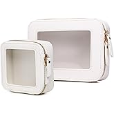 LOFOWN Clear Makeup Bag Set Portable Travel Cosmetic Bag and Toiletry Bag Women's Purse Pouch Cosmetic Stroage Organizer Bag with Zipper Car Essentials (White, M+Mini)