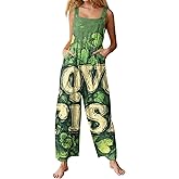 St Patricks Day Outfits for Women Green Shamrock St Patricks Jumpsuits Irish Clover Loose Fit Wide Leg Overalls