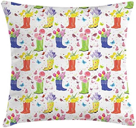 Spring Throw Pillow Cushion Cover, Endless Horizontal Gardening Pattern of Lily Planted Rainboots with Heart Icons, Decorative Square Accent Pillow Case, 18 X 18 inches, Multicolor