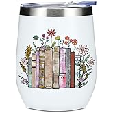 Wine Tumbler, 12 oz Coffee Mug Travel Insulated Cup Vacuum Wine Glass with Lid, Book Lovers Gifts Birthday Christmas Thanksgiving Reading Book Accessories Bookish Librarian Gifts for Women Mom Grandma