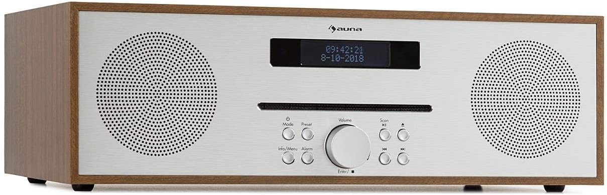 auna Silver Star CD-FM CD-Player mit UKW-Radio - Slot-In CD-Player, CD-Radio, Bluetooth, 2 x 20 Watt max, USB, AUX-IN, Kopfhörerausgang, Aluminium, Holz-Optik, inkl. Fernbedienung, braun