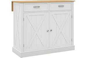 HOMCOM Rolling Kitchen Island with Drop Leaf Wood Breakfast Bar, Farmhouse Kitchen Cart with 2 Drawers, Adjustable Shelves fo