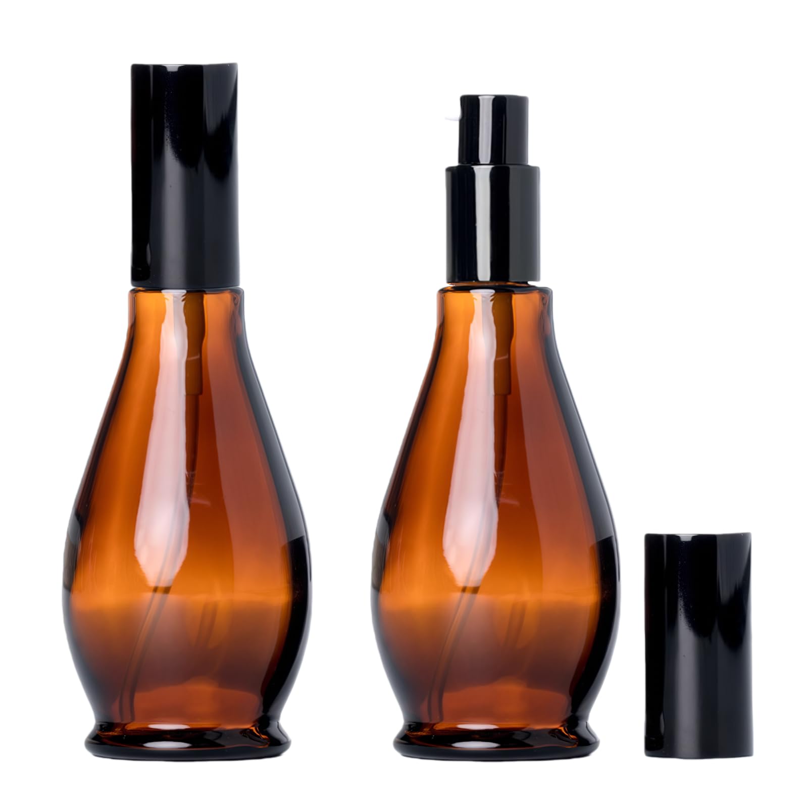 2Pcs 100ml/3.4oz Amber Glass Lotion Pump Bottles Travel Size Pump Dispenser Cosmetics Containers Bottle Jar with Black Pump for Essential Oil Foundation Cream Shampoo