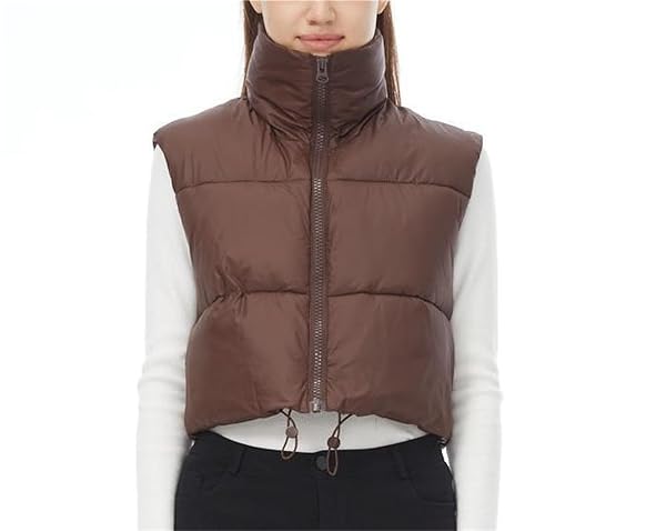 XIKUKA WOMEN’S CROPPED PUFFER VEST PADDED VEST WINTER WARM OUTERWEAR LIGHTWEIGHT ZIP CROP PUFFY GILET BROWN-M