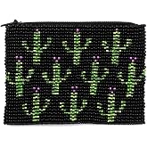Multi Saguaro Cactus Pattern Czech Glass Seed Beaded Coin Purse Zipper Pouch - Womens Fashion Handmade Bags Boho Travel Accessories (Black)