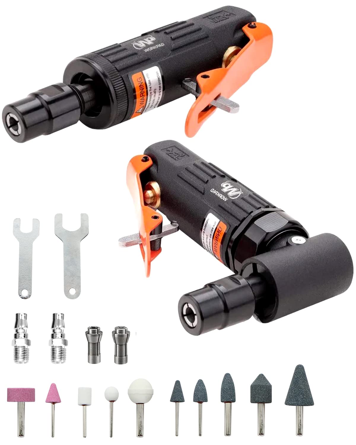WorkPad 2PCS Pneumatic die Grinder，Straight/Angled Pneumatic die Grinder Set with 1/4 and 1/8 inch collets for car Mechanics, Decorators and DIY Enthusiasts.
