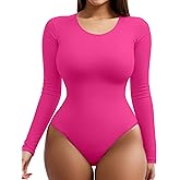 YOGINGO Long Sleeve Bodysuit for Women Crew Round Neck Basic Women Clothing Body Suit Tops Leotards for Womens Jumpsuit Rose Red M