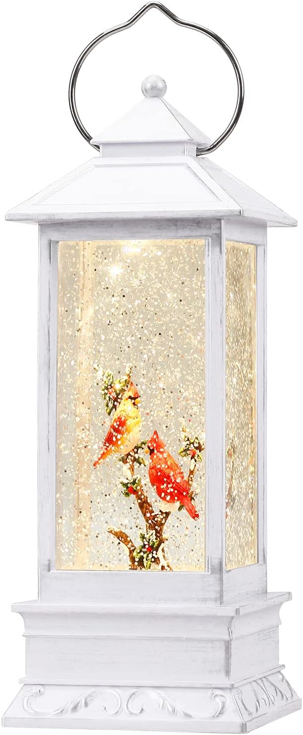 Snow Globes - Joyriver Christmas Snow Globe, Cardinal Birds, Hanging Retro Christmas Lantern, Snow Globe Lantern USB or Battery Powered with Timer Lighted Lantern, Home Decor and Gift for Family, White