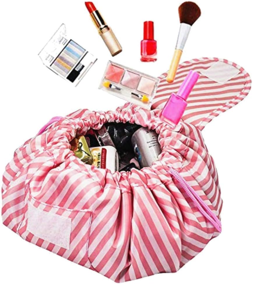 Lazy Drawstring Make up Bag Travel Quick Makeup Bag Round Toiletry Bag Cosmetic Organizer Pouch Case Portable Make Up Pouch for Women Girls